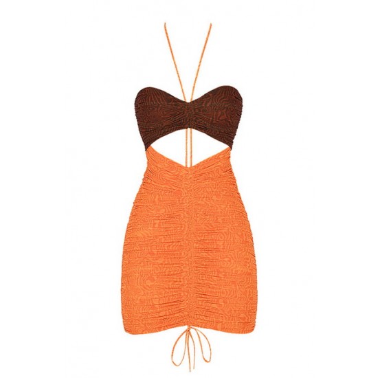 House Of CB - Mistress Rocks Let Me Go Chocolate Orange Print Ruched Halter Mini Dress
