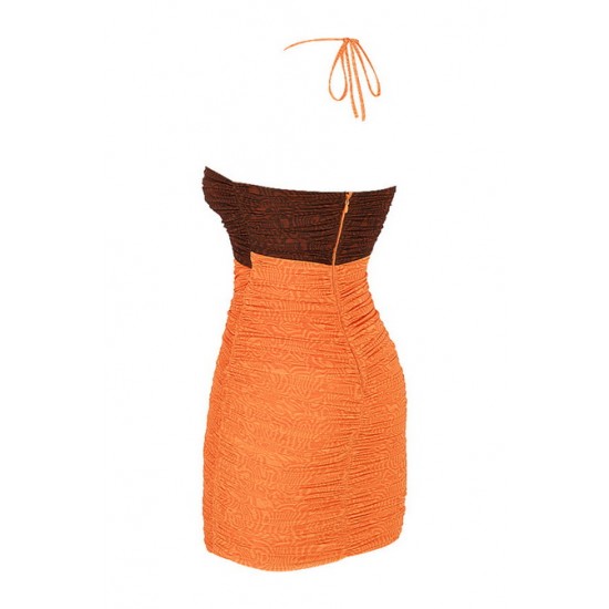 House Of CB - Mistress Rocks Let Me Go Chocolate Orange Print Ruched Halter Mini Dress